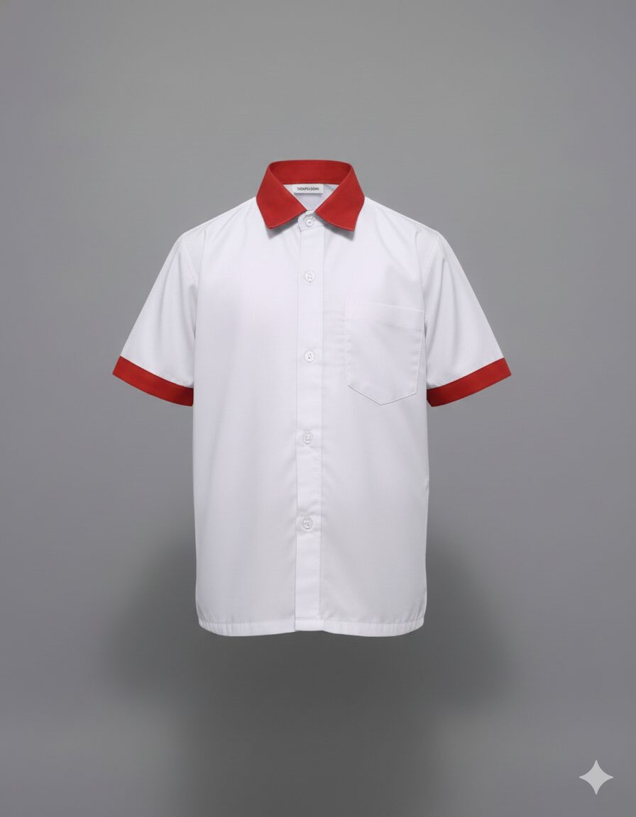 Boys' White Short-Sleeve School Shirt with Red Trim