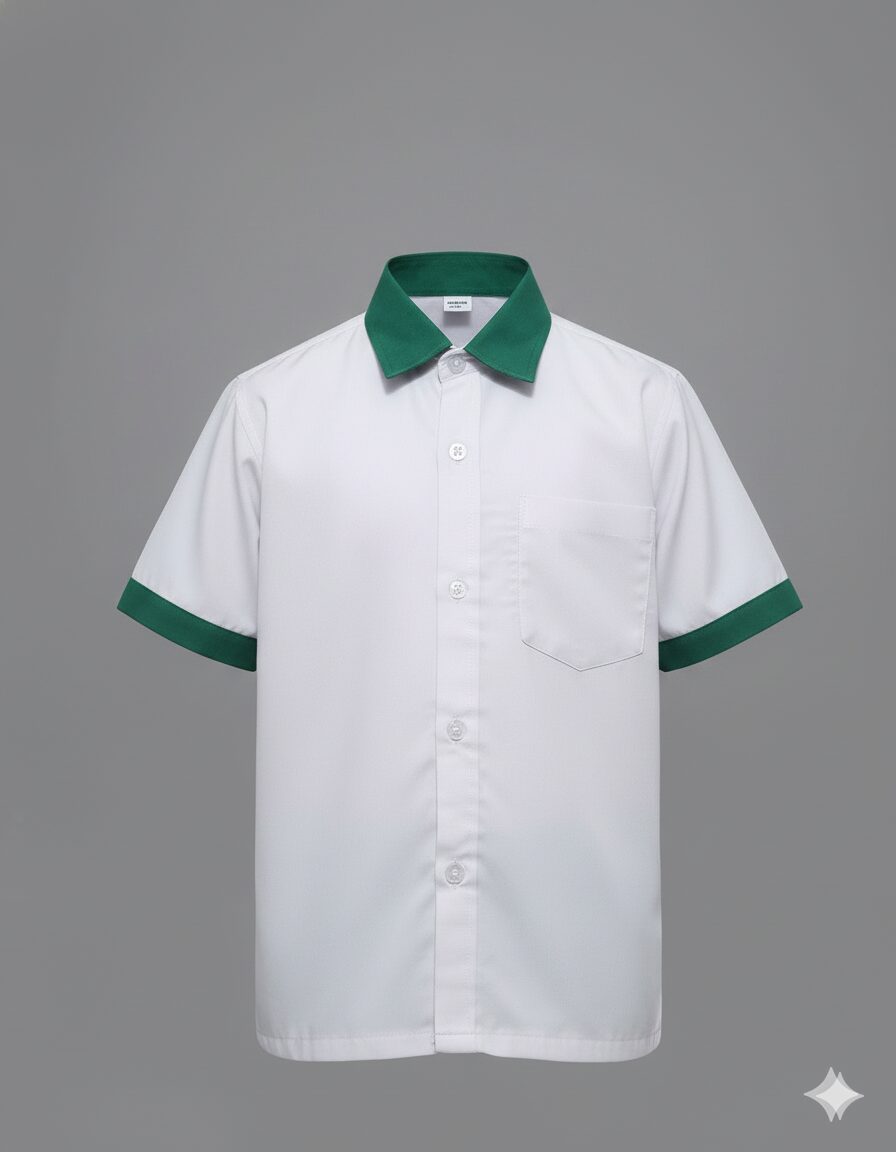Boys' White Short-Sleeve School Shirt with Green Trim